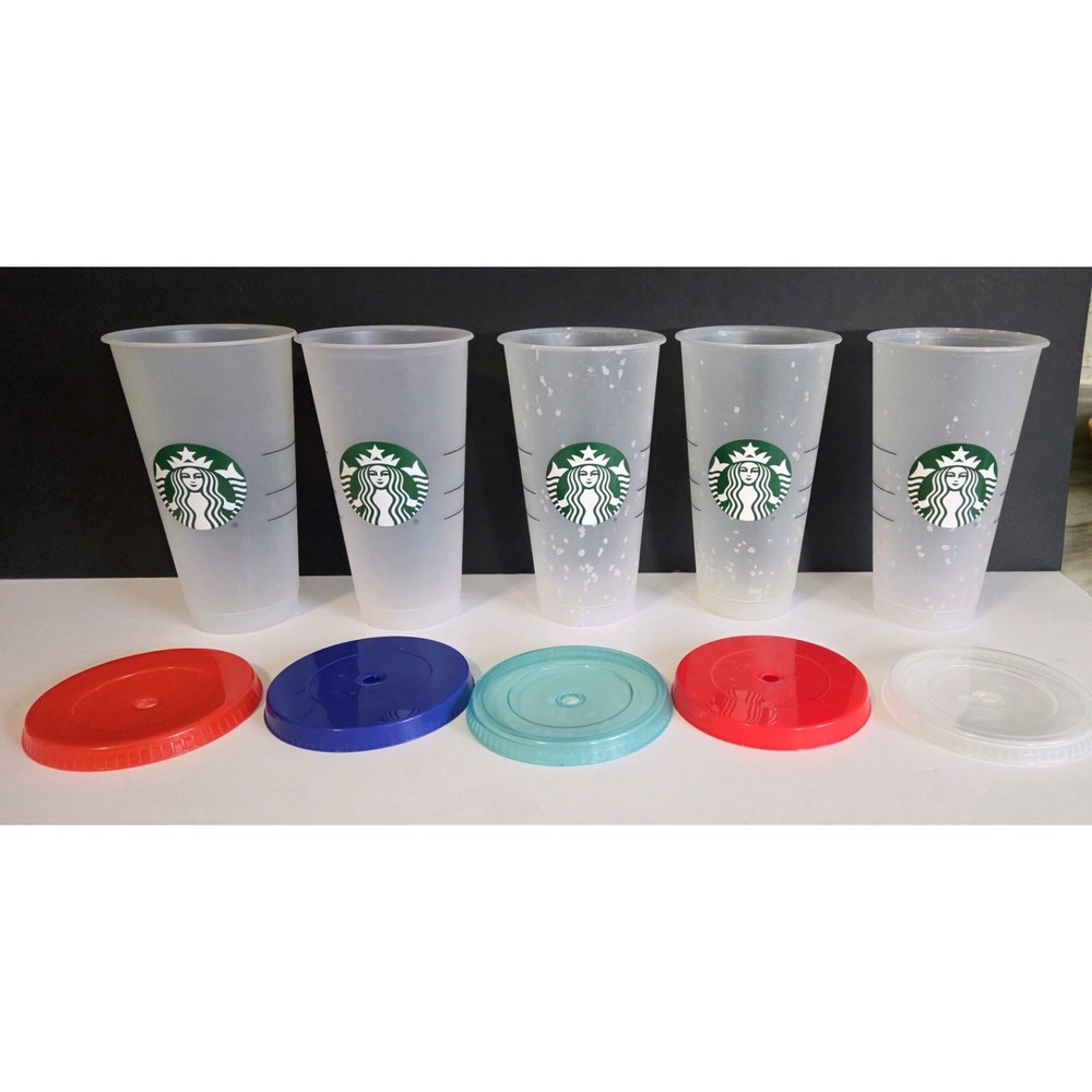 Starbucks Venti Set of 5 Reusable Cold Cups Frosted Confetti w/ Lids NWOT